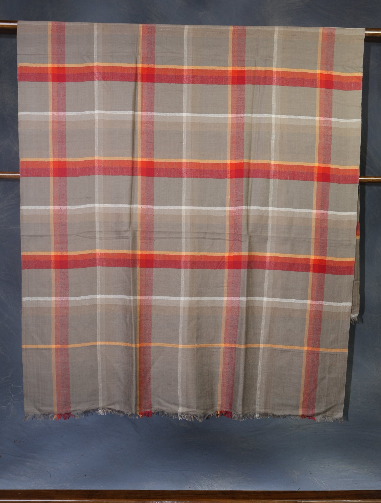 Orange and Natural Checked handwoven Cashmere Pashmina Shawl
