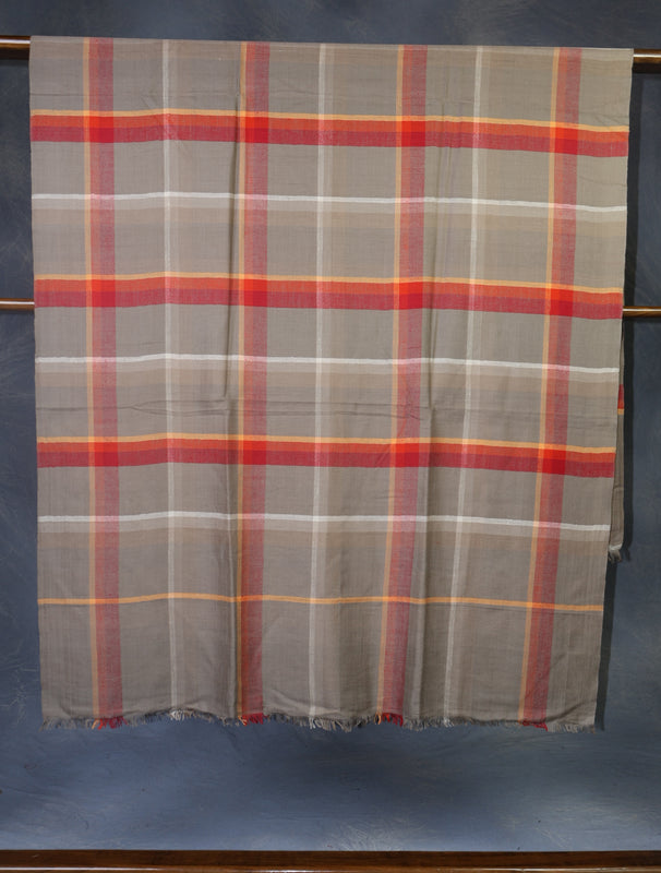 Orange and Natural Checked handwoven Cashmere Pashmina Shawl