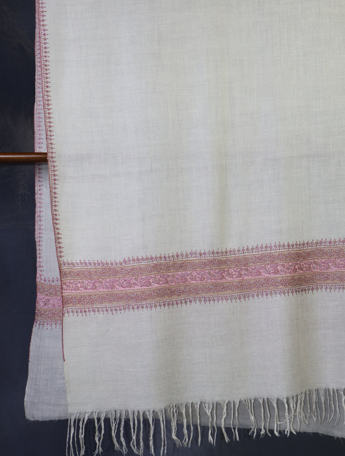 Ivory With Striped Motif Border Embroidery Cashmere Pashmina Scarf