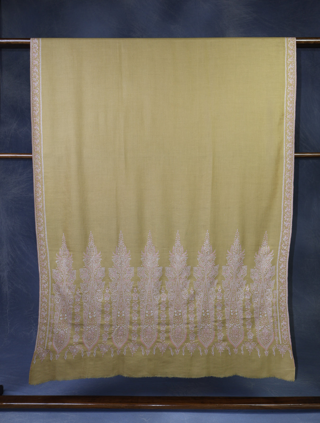 Mustard Big Border Embroidery Cashmere Pashmina Shawl