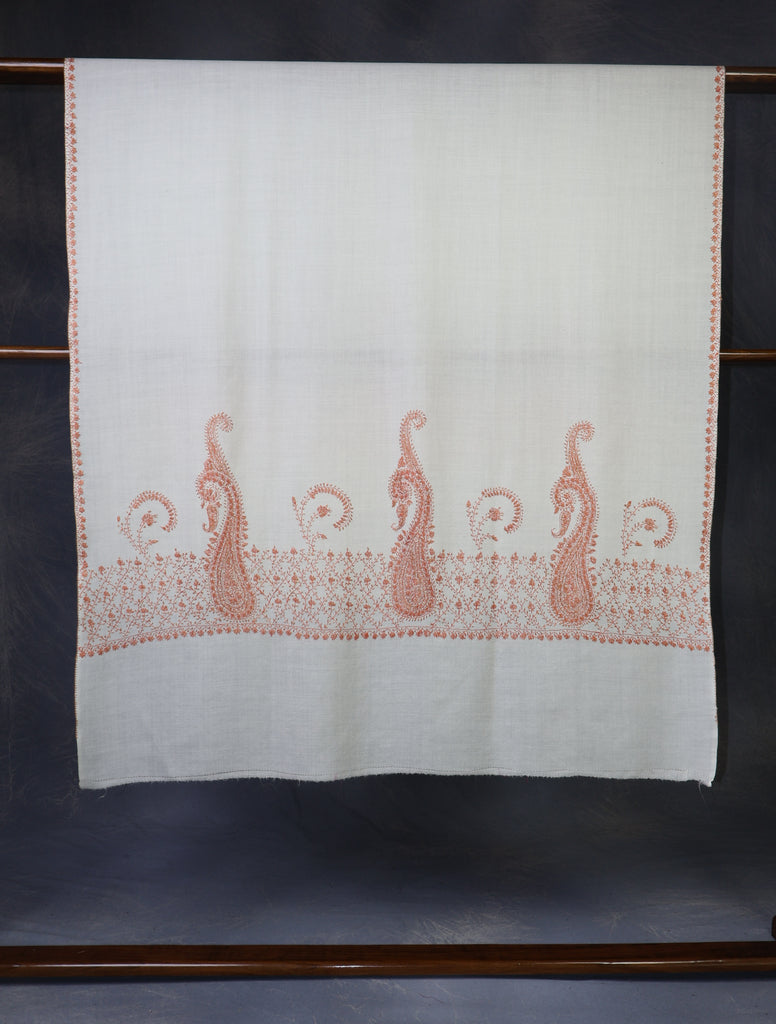 Ivory Base Border Emboidery Merino wool Shawl