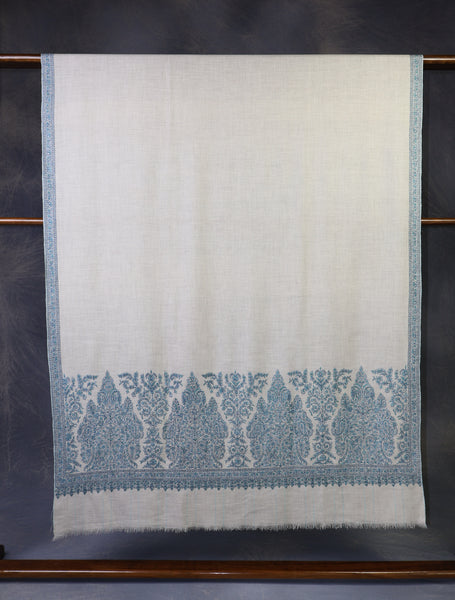 Ivory With Blue Border Embroidery Cashmere Pashmina Shawl