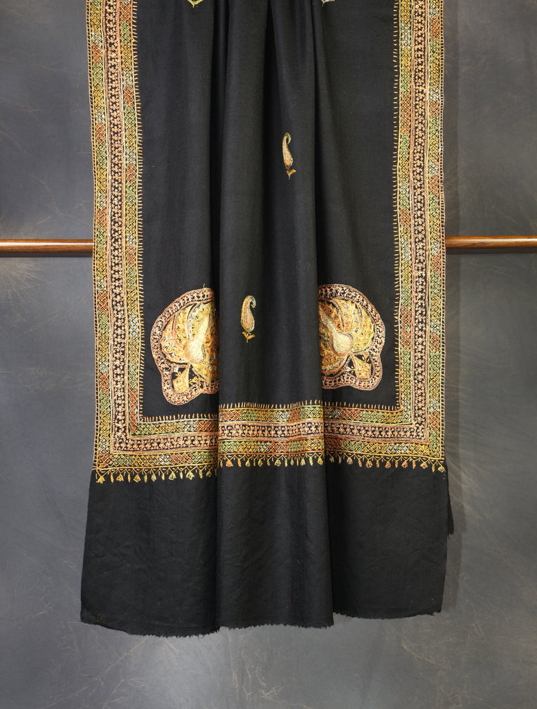 Black Base With Zari and Sozni Embroidery Merino Wool Shawl