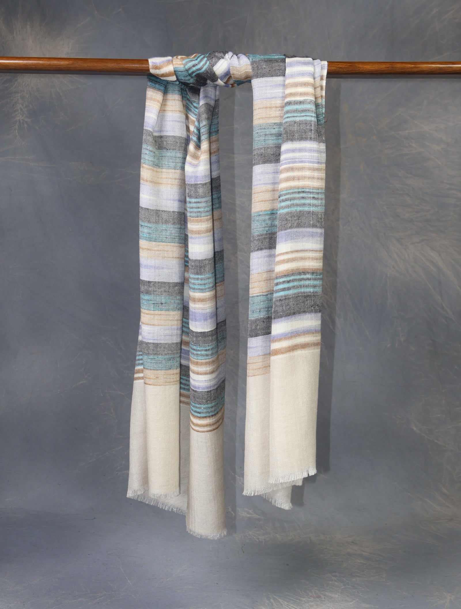 Ivory Base Multicolor Striped Handwoven Cashmere Pashmina Scarf