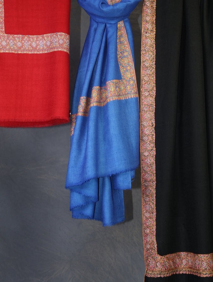 Blue Base Big Border Embroidery Cashmere Pashmina Shawl