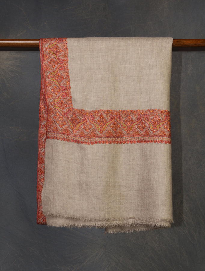 Natural Colour Base Big Border Embroidery Cashmere Pashmina Shawl