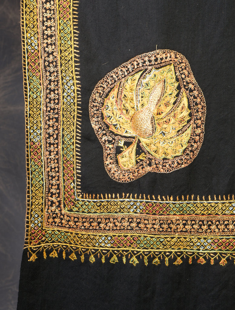 Black Base With Zari and Sozni Embroidery Merino Wool Shawl