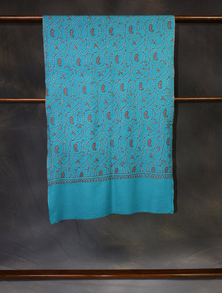 Blue Base Jali Sozni Embroidery Merino Wool Scarf