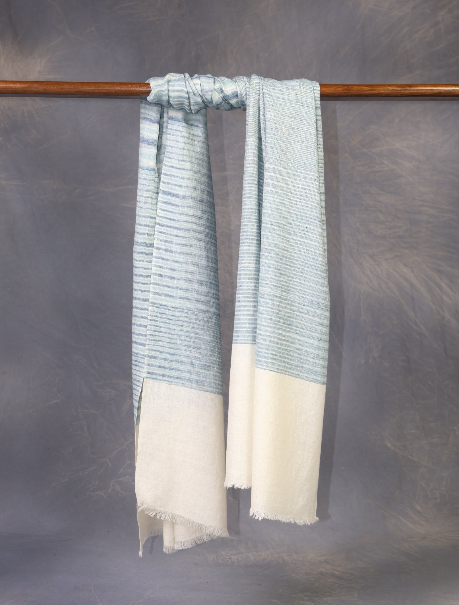 Ivory Base Blue Striped Handwoven Cashmere Pashmina Scarf