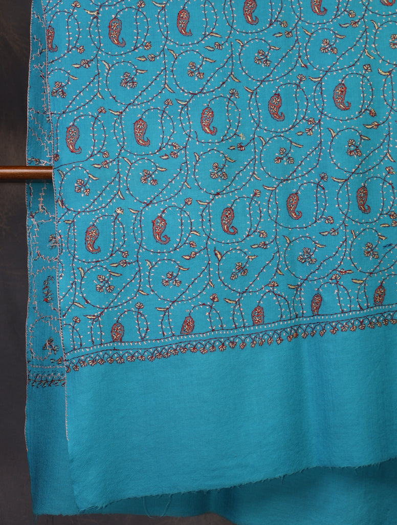 Blue Base Jali Sozni Embroidery Merino Wool Scarf