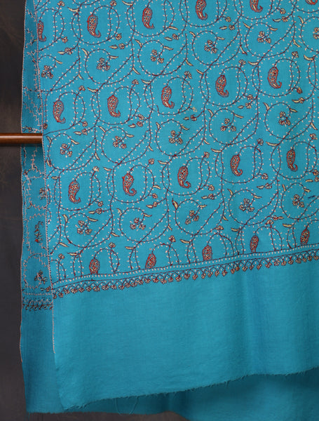 Blue Base Jali Sozni Embroidery Merino Wool Scarf