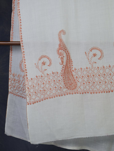 Ivory Base Border Emboidery Merino wool Shawl