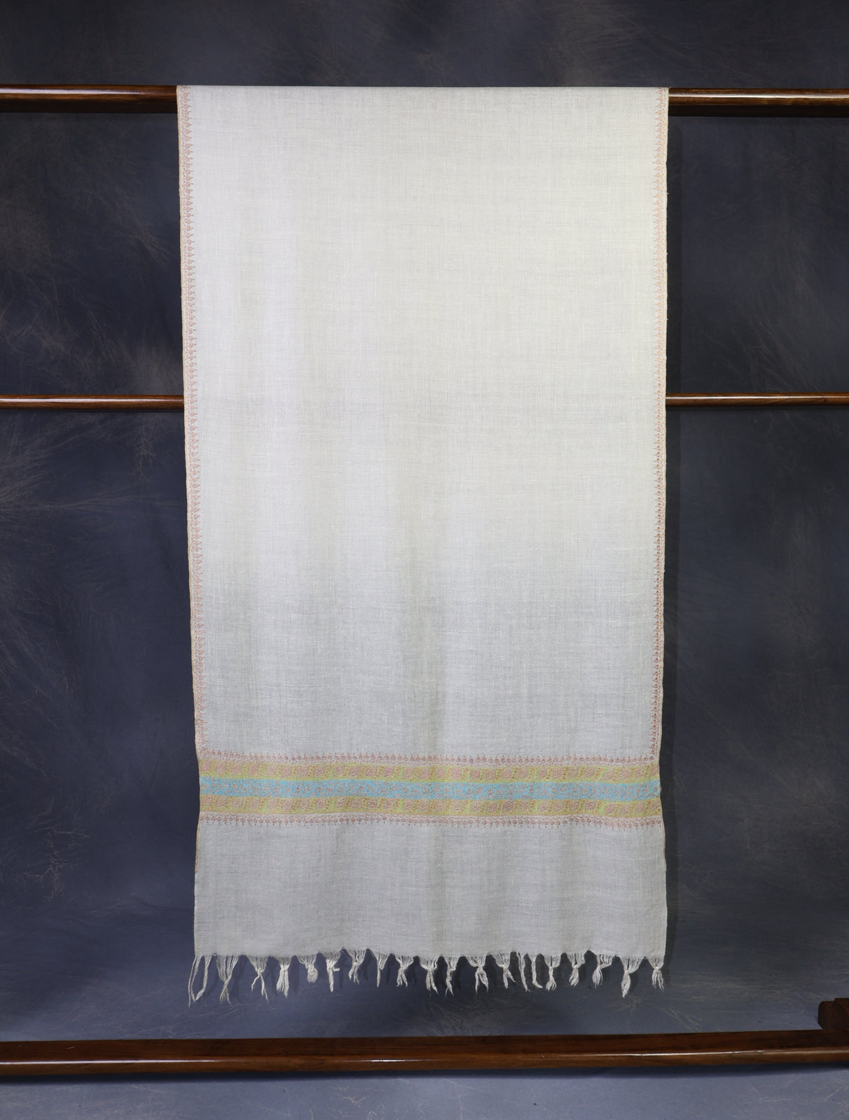 Ivory With Striped Motif Border Embroidery Cashmere Pashmina Scarf