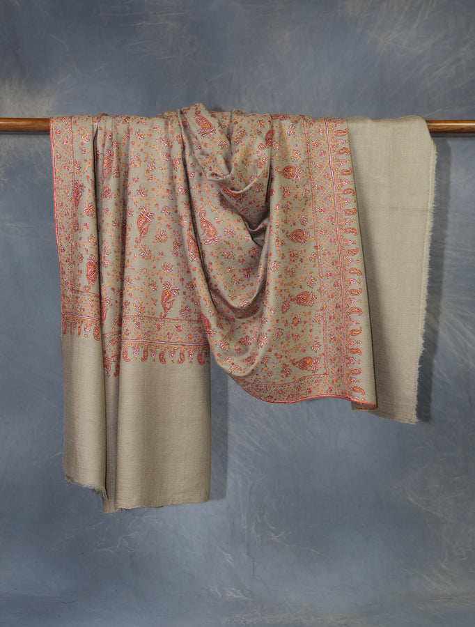 Light Brown Jali Embroidery Cashmere Pashmina Shawl