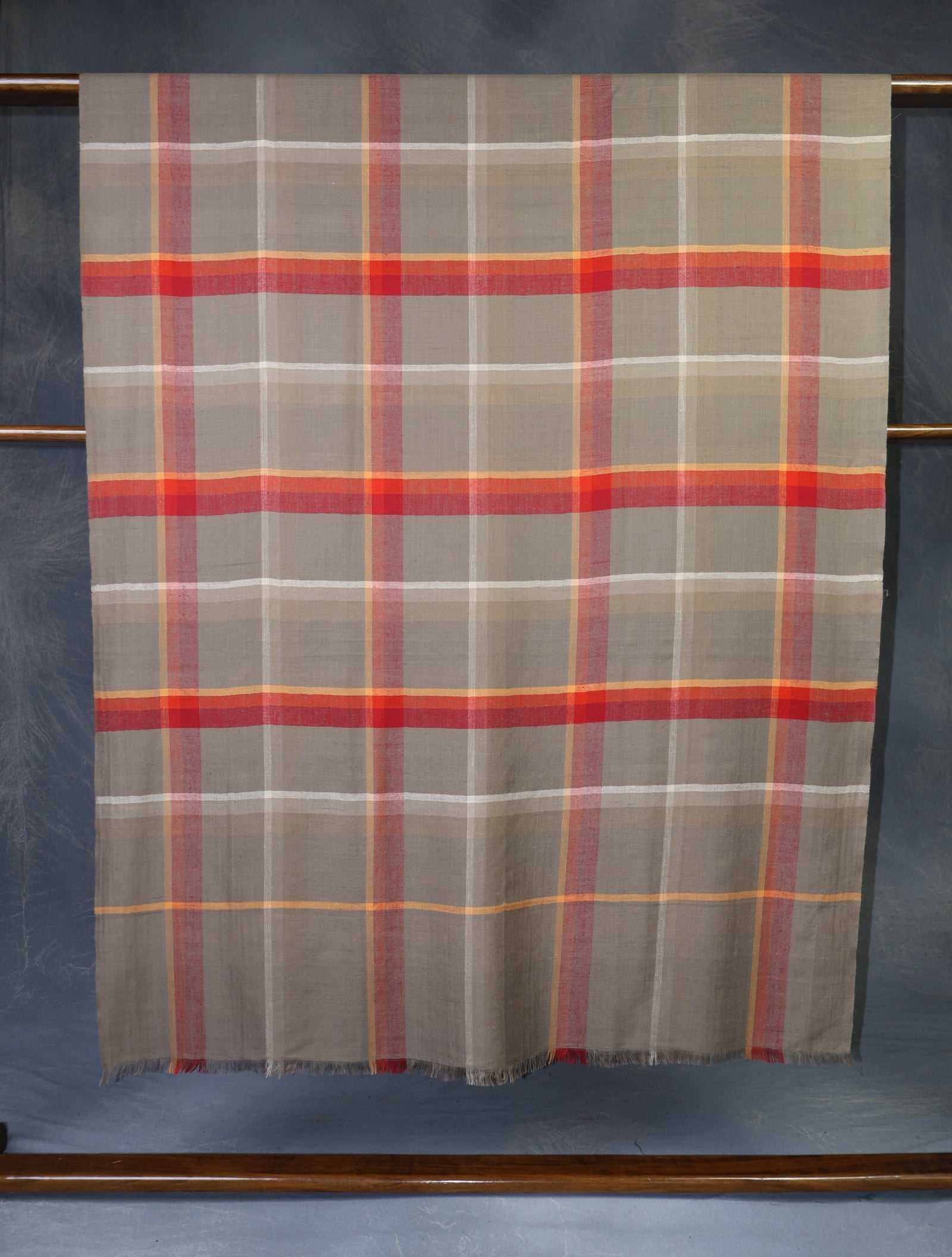 Natural and Red Checked Handwoven Cashmere Pashmina Shawl