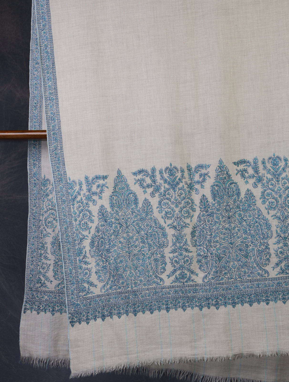 Ivory With Blue Border Embroidery Cashmere Pashmina Shawl