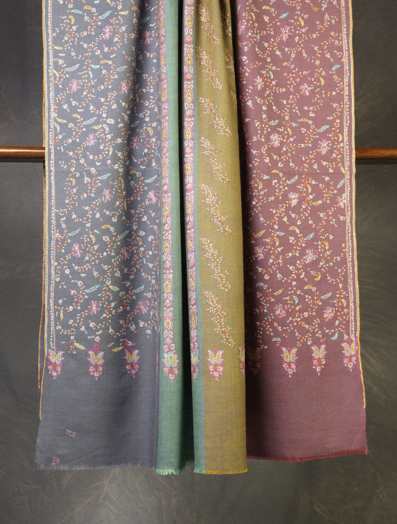 Multi color Base Striped Jali Embroidery Handwoven Cashmere Shawl