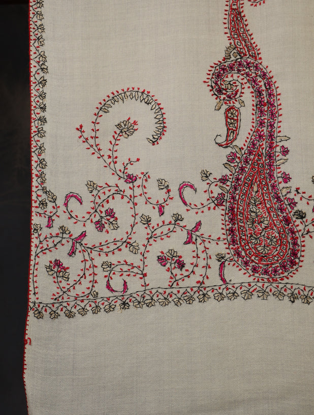 Ivory Base Border Emboidery Merino wool Shawl