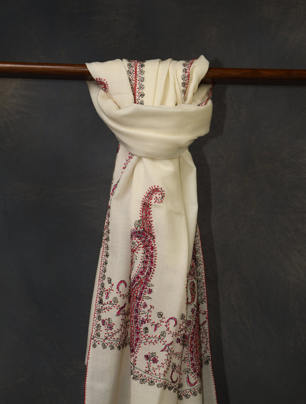 Ivory Base Border Emboidery Merino wool Shawl