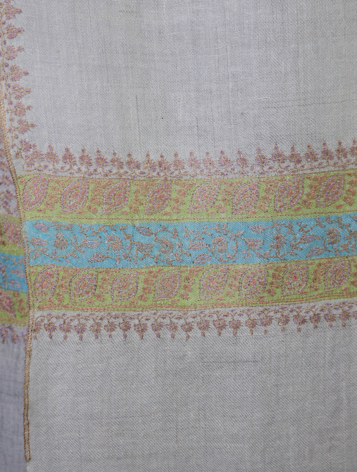 Ivory With Striped Motif Border Embroidery Cashmere Pashmina Scarf