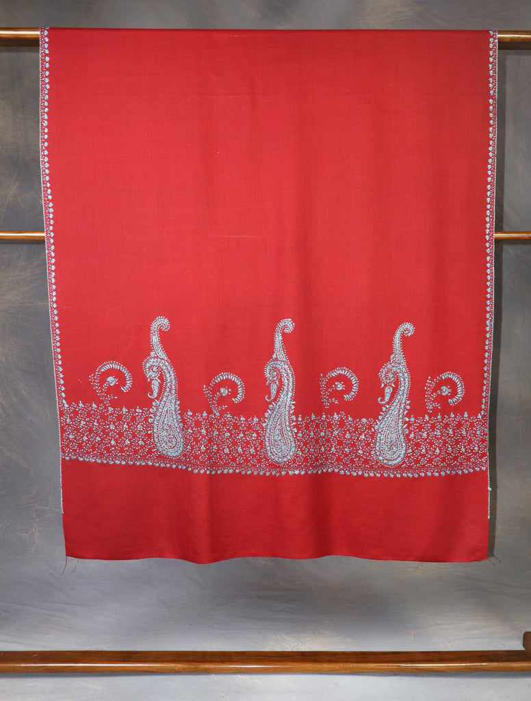 Maroon Base Blue Border Merino wool Embroidery  Shawl