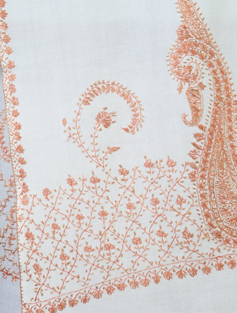 Ivory Base Border Emboidery Merino wool Shawl