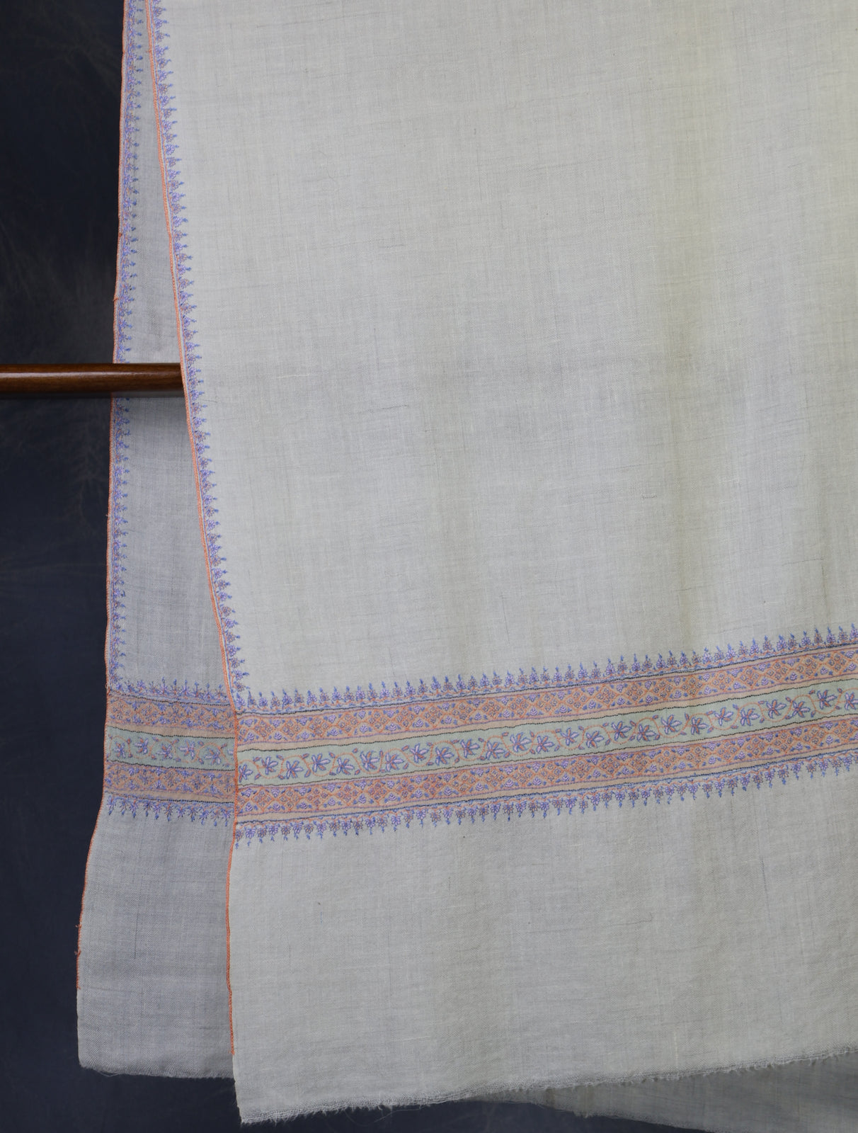 Ivory With Striped Motif Border Embroidery Cashmere Pashmina Scarf