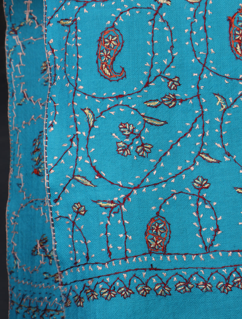 Blue Base Jali Sozni Embroidery Merino Wool Scarf