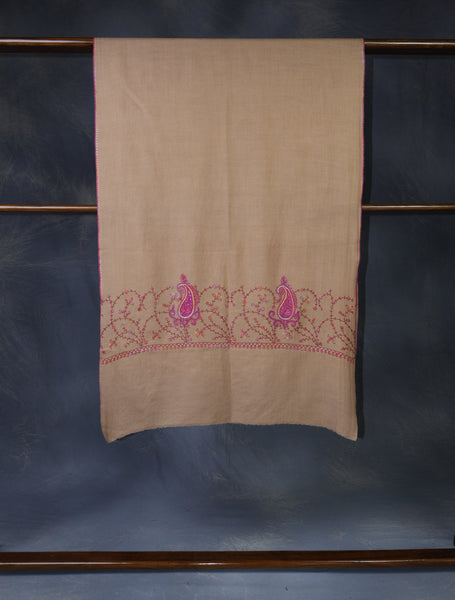 Natural Brown Base Big Border Green Sozni Embroidery Merino Wool Scarf