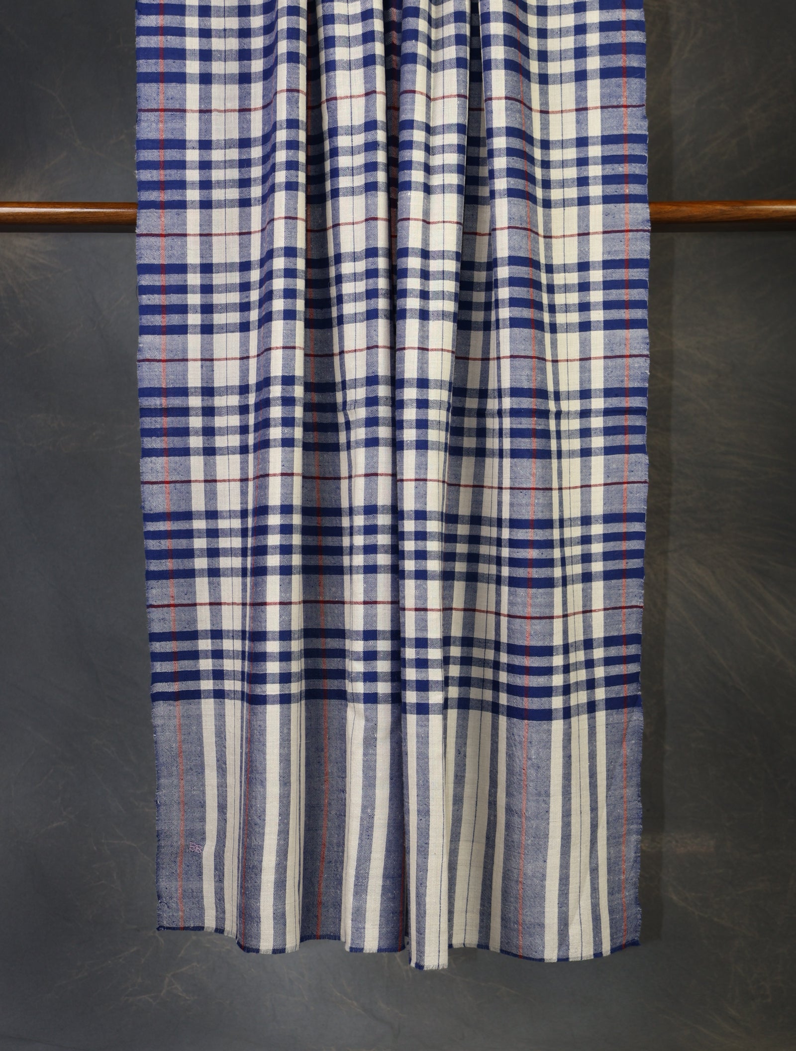 Ivory And Blue Checked Handwoven Cashmere Pashmina Shawl
