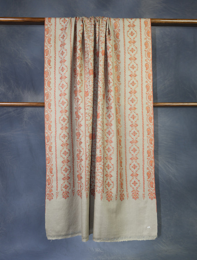 Beige Butti Dar And Jali Embroidery Cashmere Pashmina Shawl