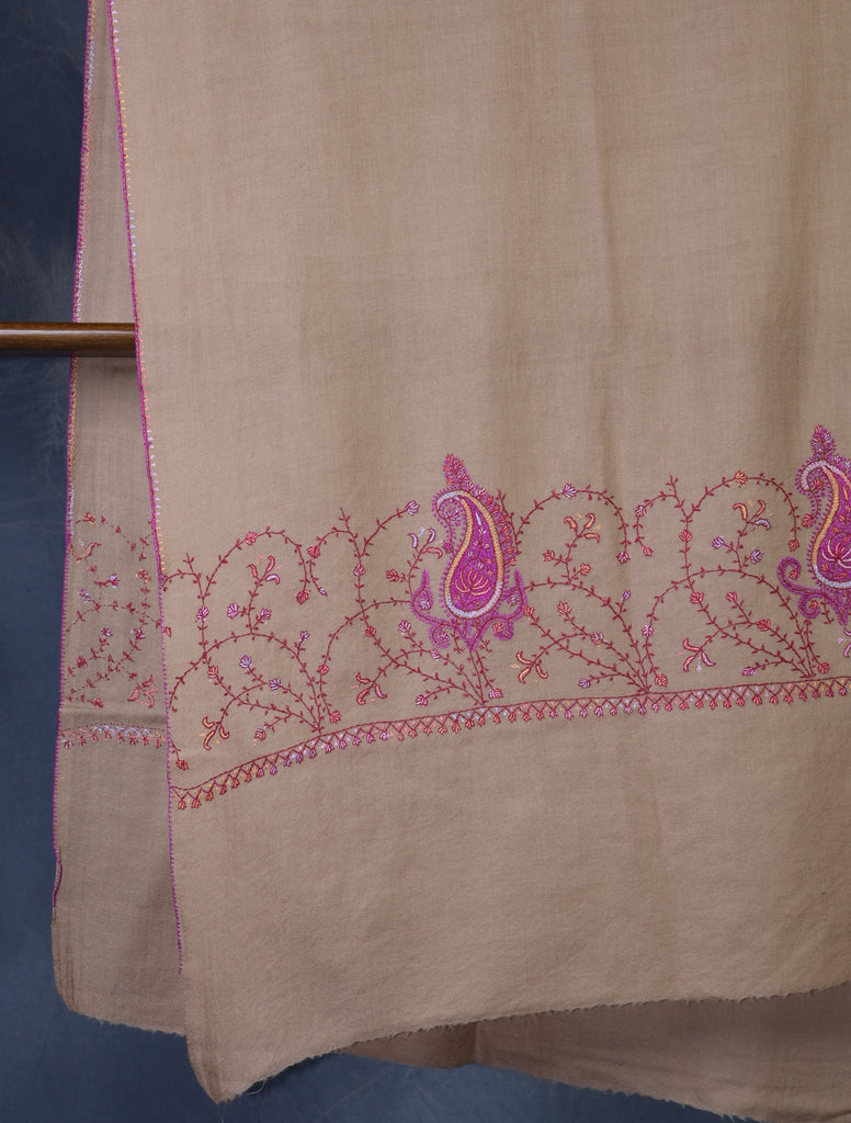 Natural Brown Base Big Border Green Sozni Embroidery Merino Wool Scarf