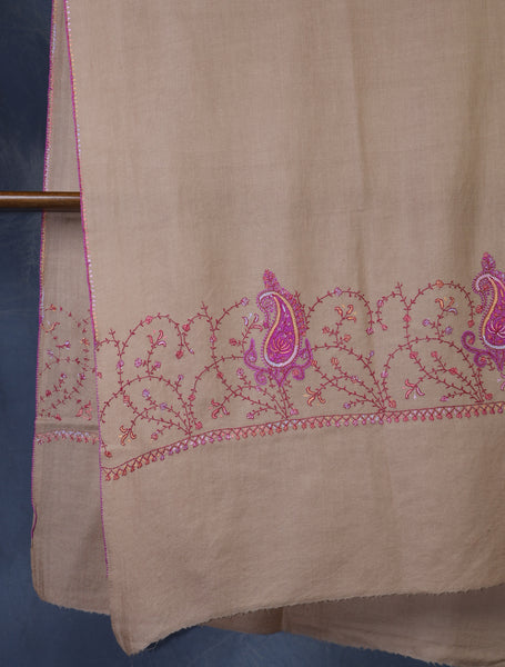 Natural Brown Base Big Border Green Sozni Embroidery Merino Wool Scarf