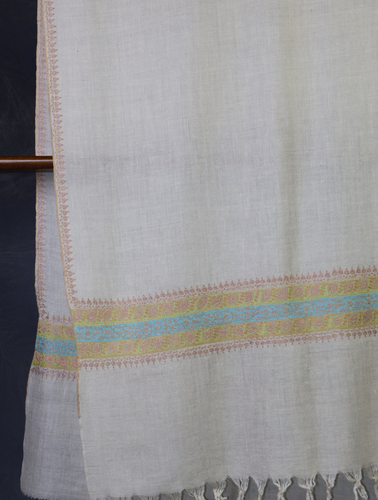 Ivory With Striped Motif Border Embroidery Cashmere Pashmina Scarf