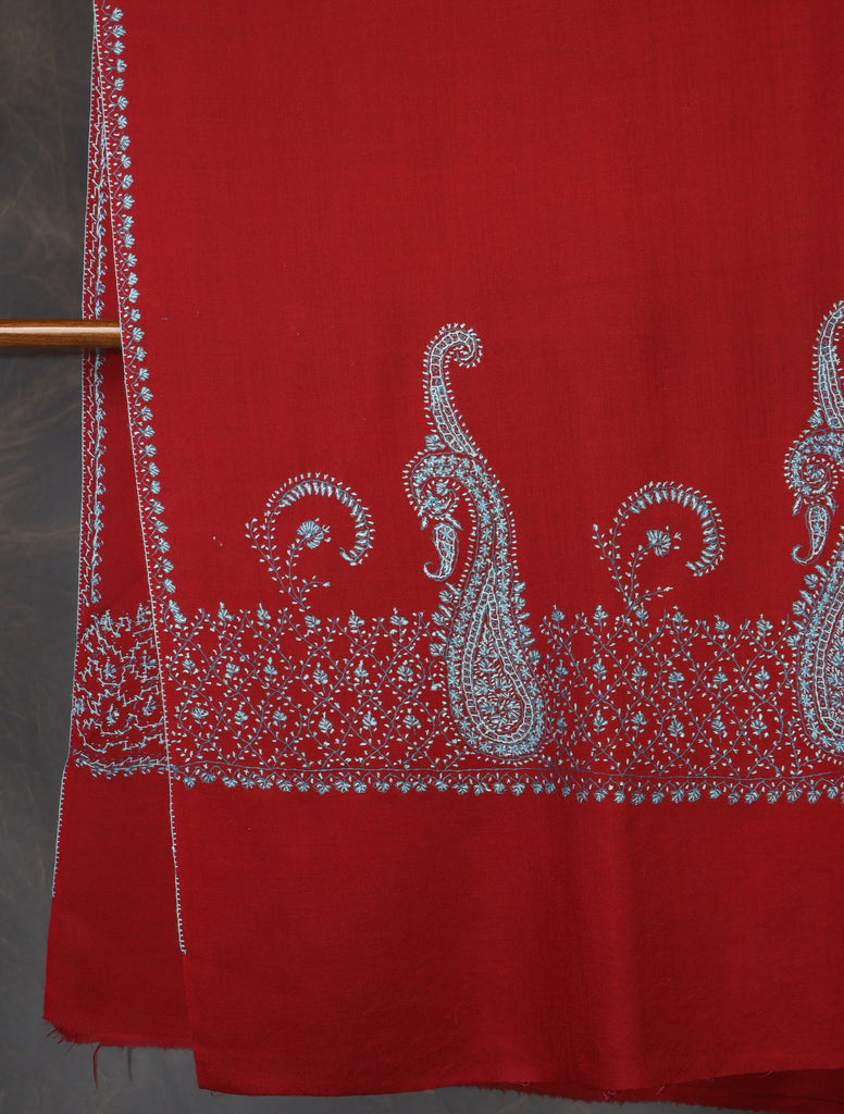 Maroon Base Blue Border Merino wool Embroidery Shawl
