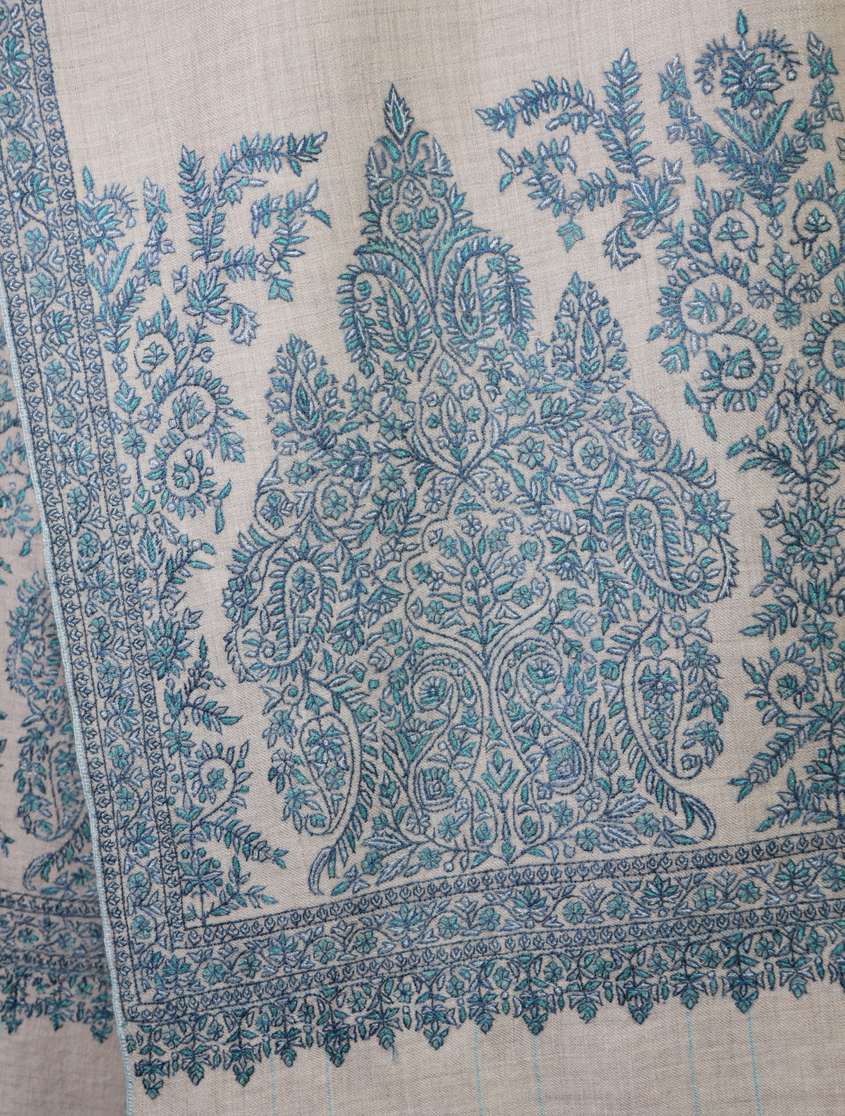Ivory With Blue Border Embroidery Cashmere Pashmina Shawl