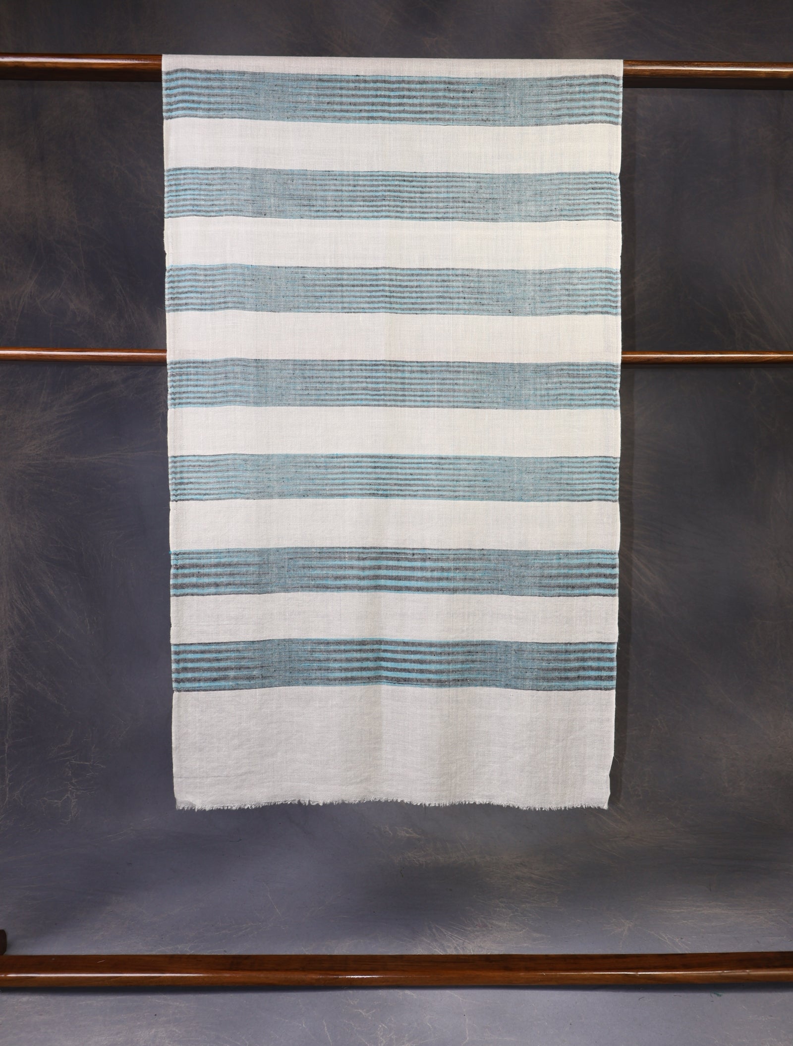 Ivory Base Blue Striped Handwoven Cashmere Pashmina Scarf