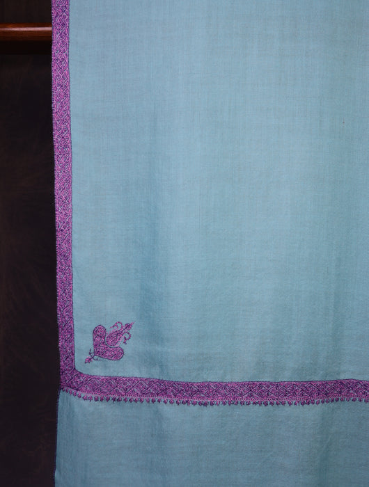 Blue Base with Purple Border Embroidery Cashmere Pashmina Shawl
