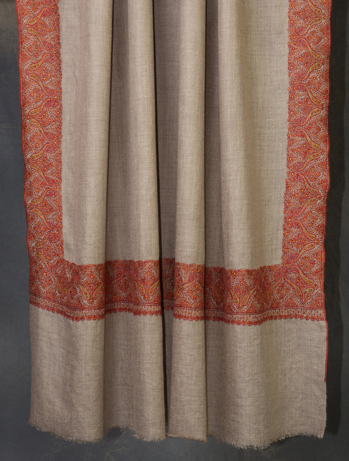 Natural Colour Base Big Border Embroidery Cashmere Pashmina Shawl