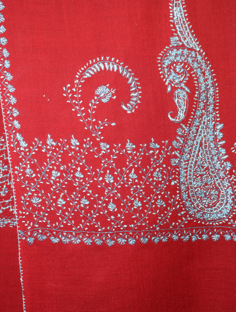 Maroon Base Blue Border Merino wool Embroidery Shawl