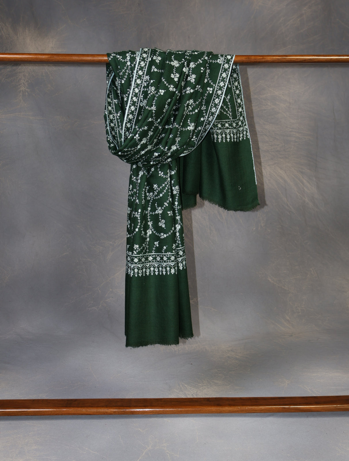 Bottle Green Base with whiteJali Embroidery Cashmere Pashmina Shawl
