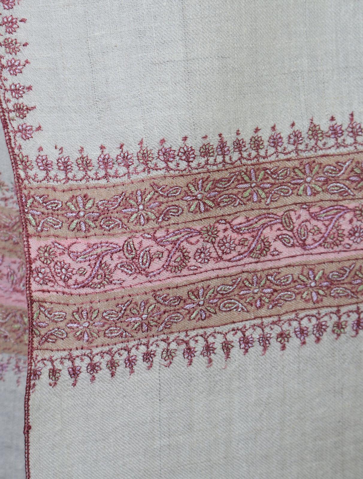 Ivory With Striped Motif Border Embroidery Cashmere Pashmina Scarf