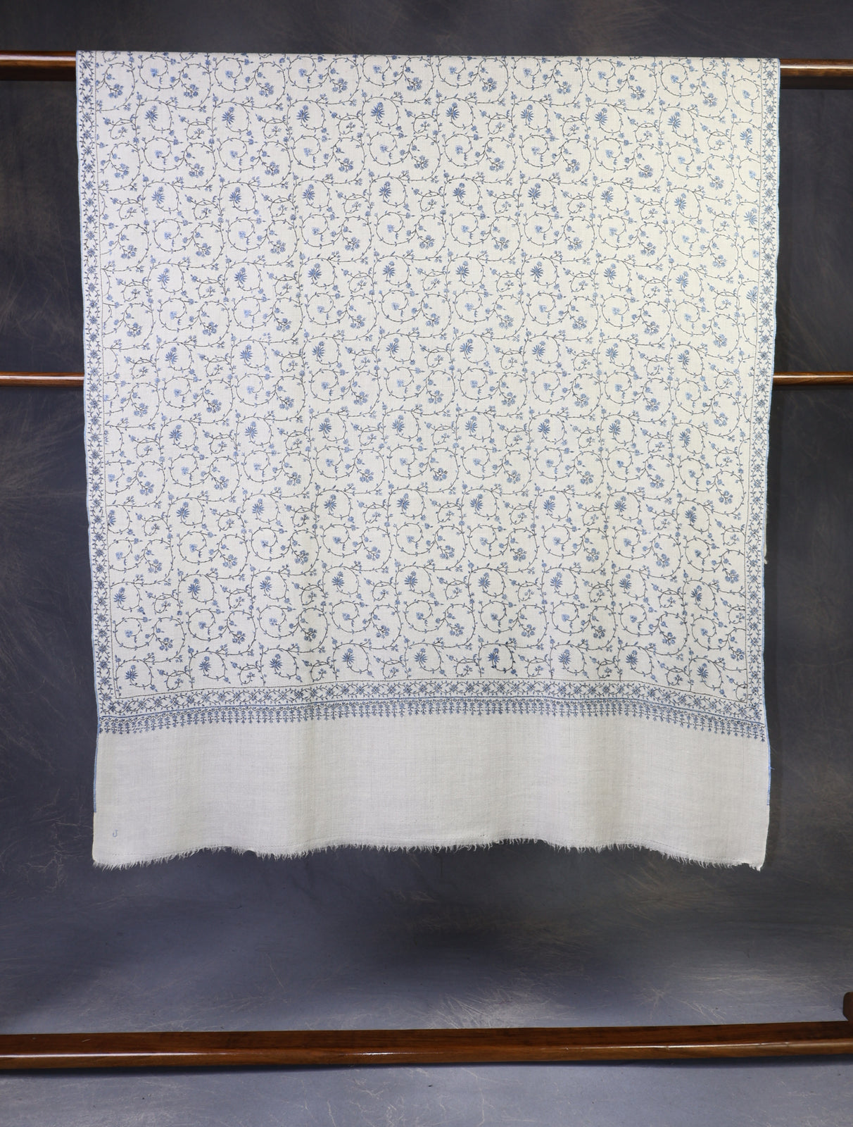 Ivory Base Blue Jali Embroidery Cashmere Pashmina Shawl
