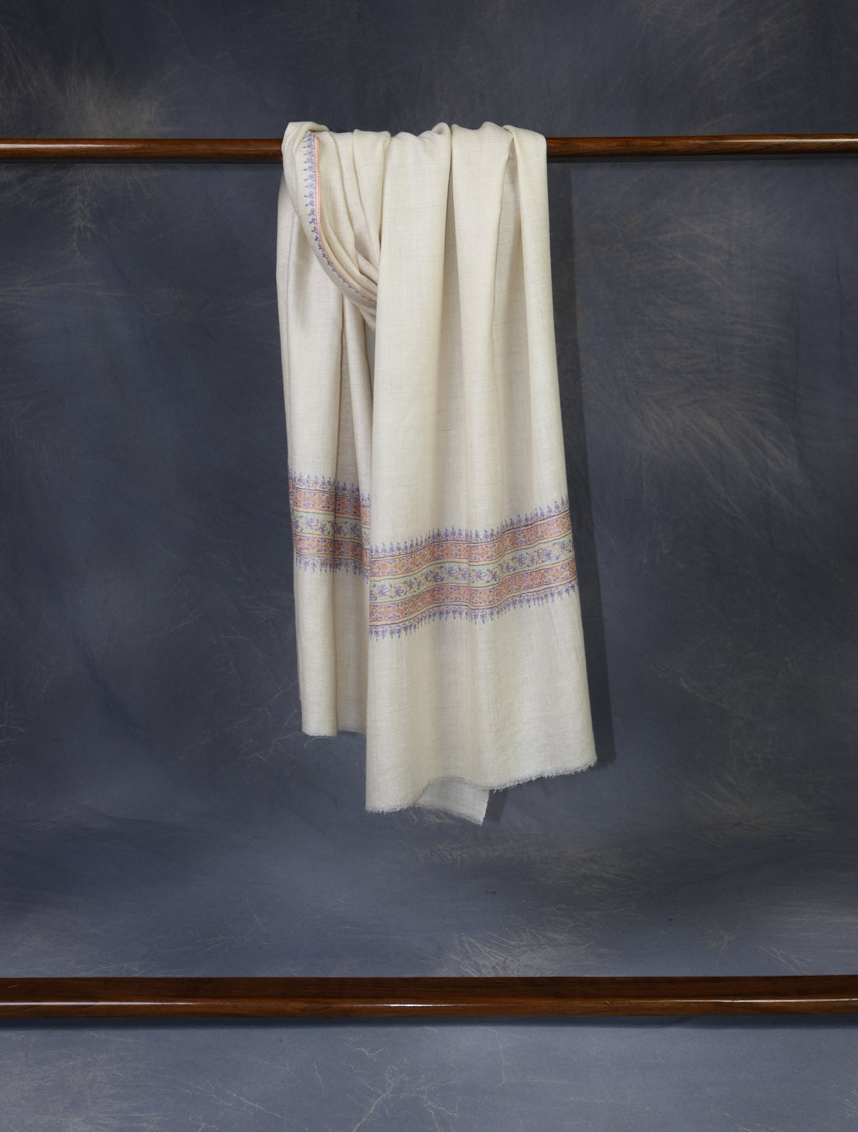 Ivory With Striped Motif Border Embroidery Cashmere Pashmina Scarf