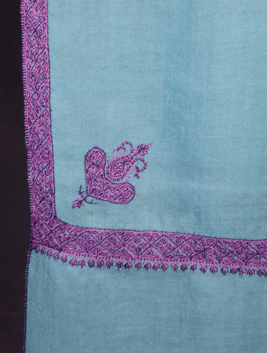 Blue Base with Purple Border Embroidery Cashmere Pashmina Shawl