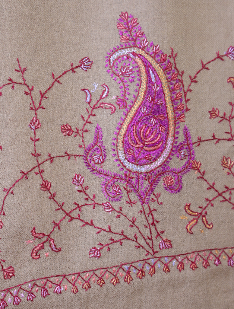 Natural Brown Base Big Border Green Sozni Embroidery Merino Wool Scarf