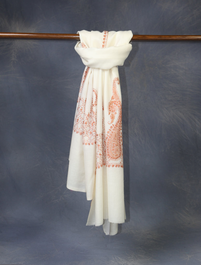 Ivory Base Border Emboidery Merino wool Shawl