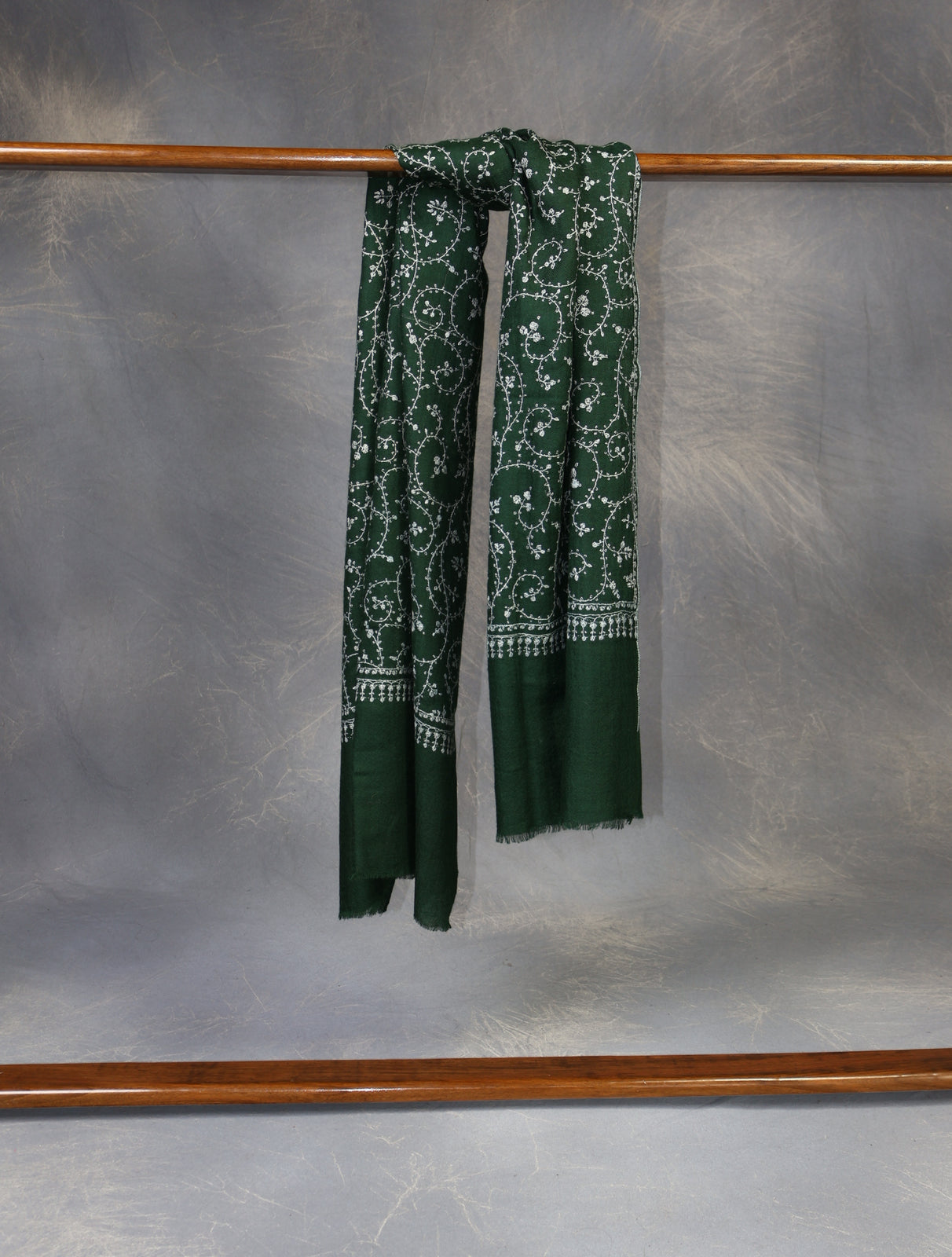 Bottle Green Jali Embroidery Cashmere Pashmina Scarf