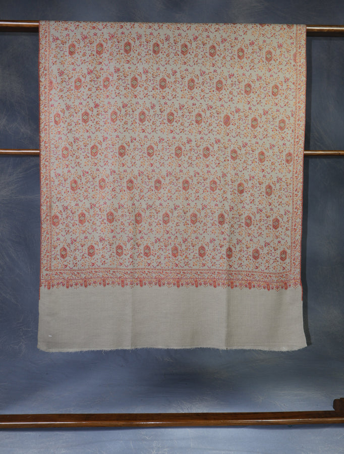 Beige Jali Embroidery Cashmere Pashmina Shawl