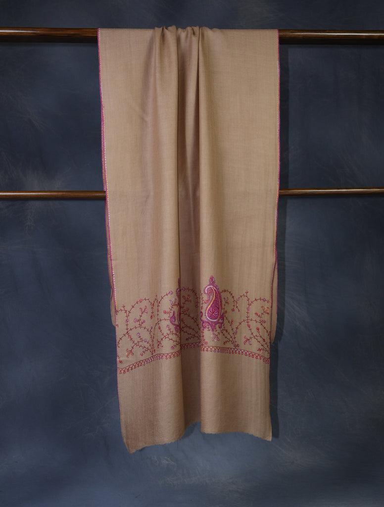 Natural Brown Base Big Border Green Sozni Embroidery Merino Wool Scarf